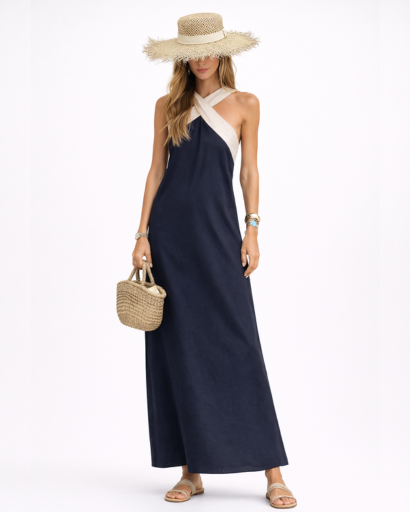 Robe longue fluide dos nu à col croisé