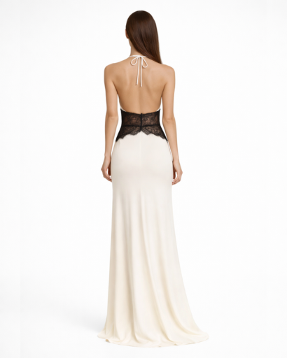 Robe longue dos nu – décolleté plongeant et taille en dentelle