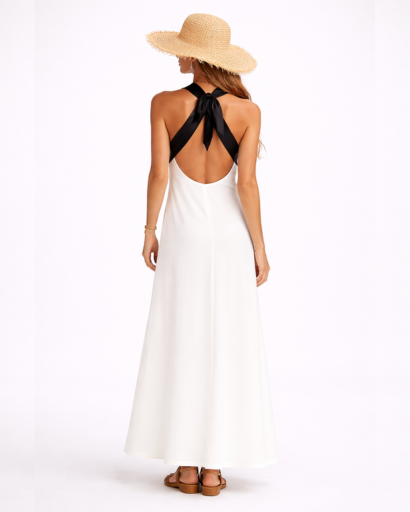 Robe longue fluide dos nu à col croisé