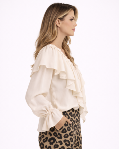 Blouse Femme à Volants Col V avec Boutonnage