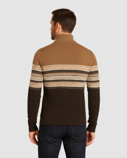 Pull Homme Zippé en Maille Jacquard – Chaleur Nordic et Style Moderne