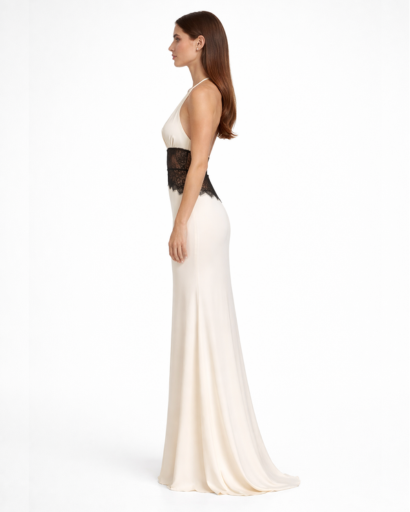 Robe longue dos nu – décolleté plongeant et taille en dentelle