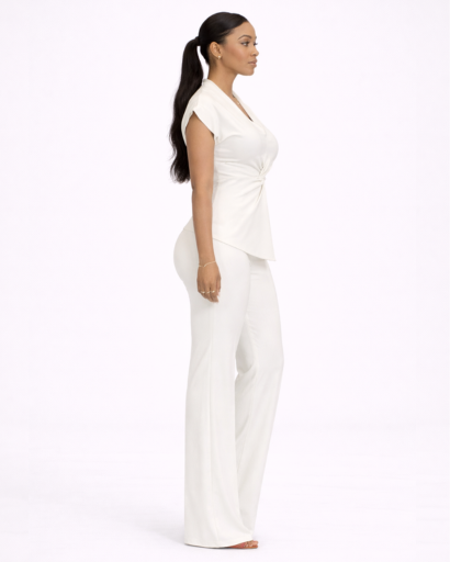 Ensemble Femme Élégant Top Drapé Col V et Pantalon Large Fluide