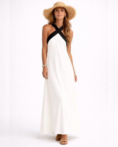 Robe longue fluide dos nu à col croisé