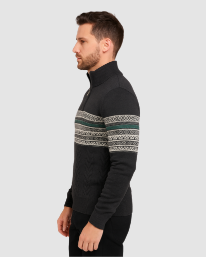 Pull Homme Zippé en Maille Jacquard – Chaleur Nordic et Style Moderne