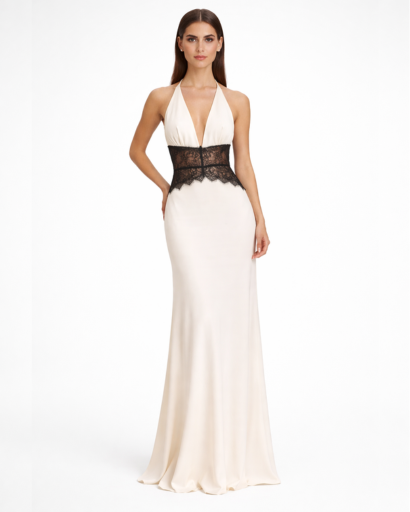 Robe longue dos nu – décolleté plongeant et taille en dentelle