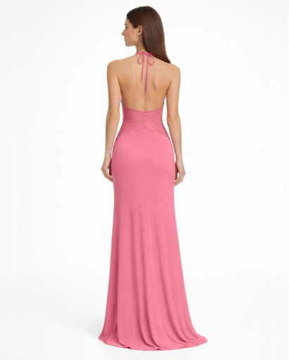 Robe longue dos nu – décolleté plongeant et taille en dentelle