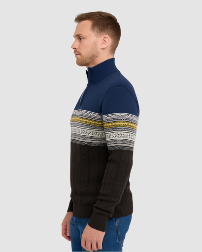 Pull Homme Zippé en Maille Jacquard – Chaleur Nordic et Style Moderne