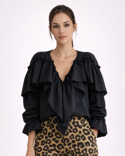 Blouse Femme à Volants Col V avec Boutonnage