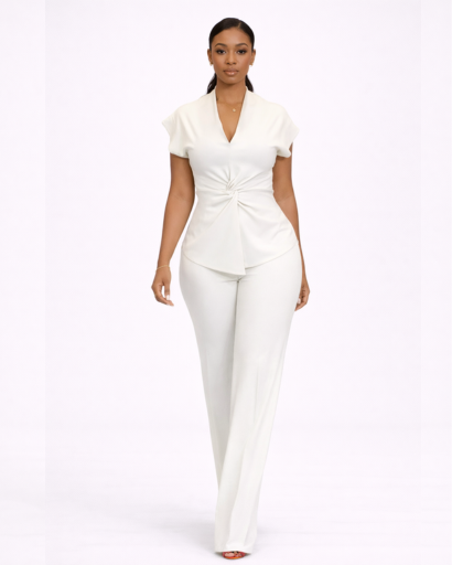 Ensemble Femme Élégant Top Drapé Col V et Pantalon Large Fluide
