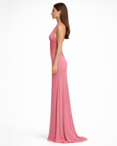 Robe longue dos nu – décolleté plongeant et taille en dentelle