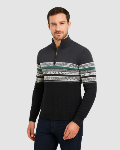 Pull Homme Zippé en Maille Jacquard – Chaleur Nordic et Style Moderne