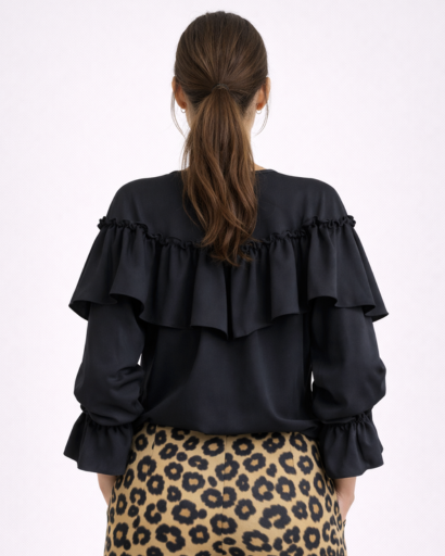 Blouse Femme à Volants Col V avec Boutonnage