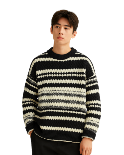 Pull Jacquard à Rayures pour Hommes – Style Rétro et Confort Moderne