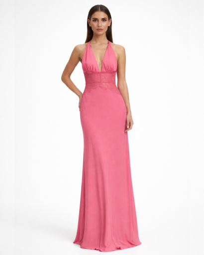 Robe longue dos nu – décolleté plongeant et taille en dentelle