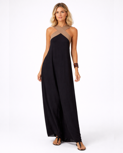 Robe longue fluide dos nu à col croisé