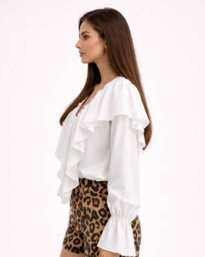 Blouse Femme à Volants Col V avec Boutonnage