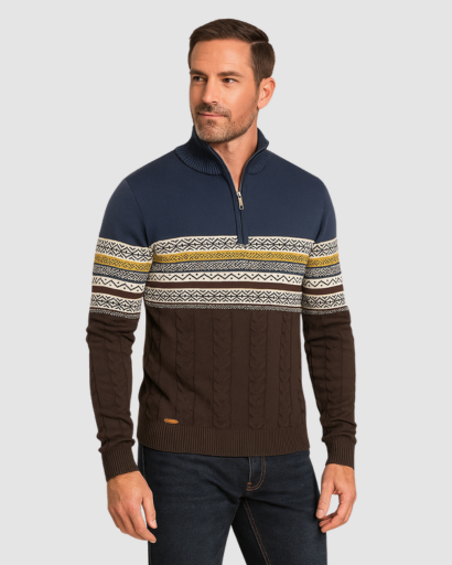 Pull Homme Zippé en Maille Jacquard – Chaleur Nordic et Style Moderne