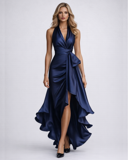 Robe Longue Satinée Dos Nu Drapée à Volants – Soirée & Cérémonie – vue 5