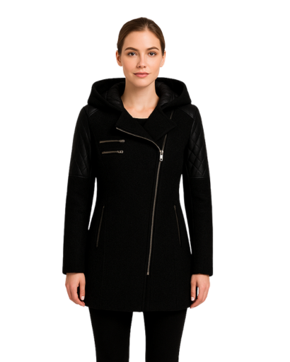 Manteau Femme Style Motard avec Capuche – Look Moderne pour Hiver
