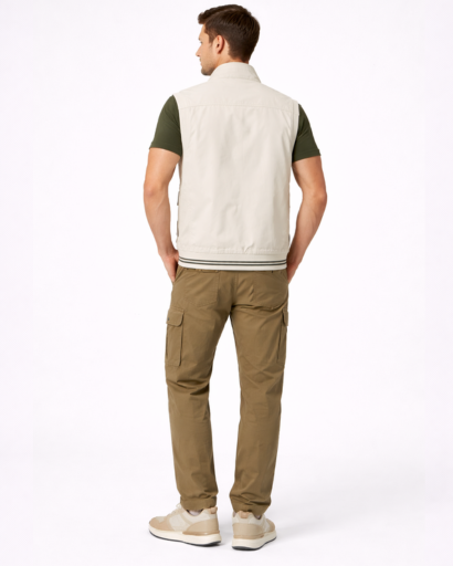 Gilet Homme Sans Manches Multi-Poches Style Utilitaire avec Col Montant et Fermeture Zippée