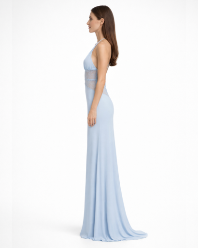 Robe longue dos nu – décolleté plongeant et taille en dentelle