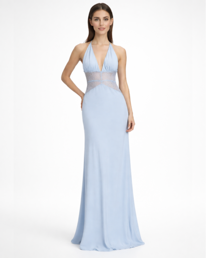 Robe longue dos nu – décolleté plongeant et taille en dentelle