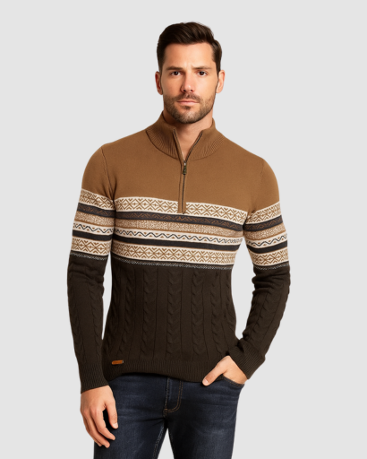 Pull Homme Zippé en Maille Jacquard – Chaleur Nordic et Style Moderne