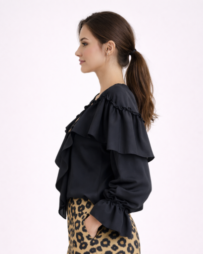 Blouse Femme à Volants Col V avec Boutonnage