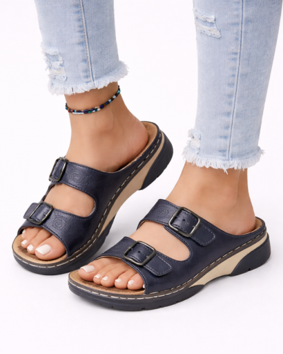 Sandales femme à double bride avec boucles et semelle compensée