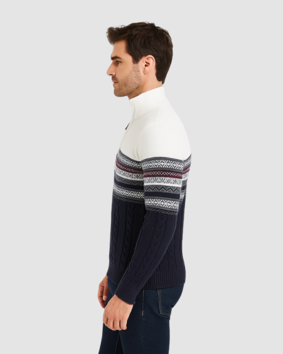 Pull Homme Zippé en Maille Jacquard – Chaleur Nordic et Style Moderne