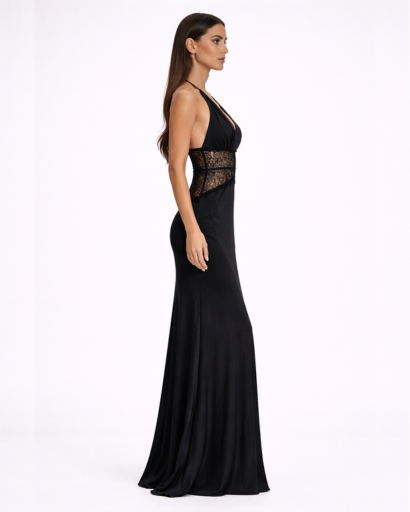 Robe longue dos nu – décolleté plongeant et taille en dentelle