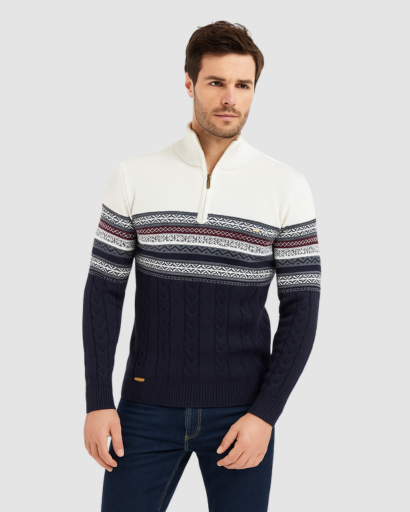 Pull Homme Zippé en Maille Jacquard – Chaleur Nordic et Style Moderne