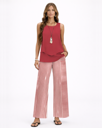 Ensemble femme top sans manches fluide et pantalon large imprimé