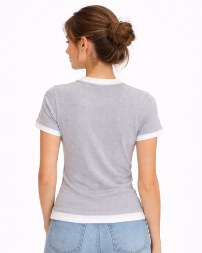 T-shirt ajusté col rond manches courtes contrastées