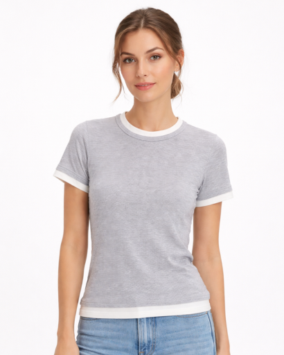 T-shirt ajusté col rond manches courtes contrastées