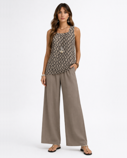Ensemble femme top sans manches fluide et pantalon large imprimé