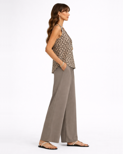 Ensemble femme top sans manches fluide et pantalon large imprimé