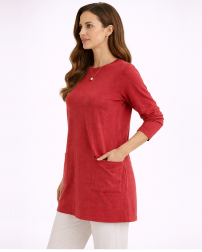 Tunique longue femme coupe droite manches longues avec poches plaquées