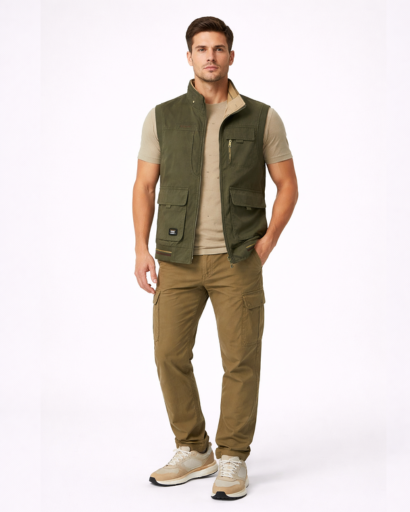 Gilet Homme Sans Manches Multi-Poches Style Utilitaire avec Col Montant et Fermeture Zippée