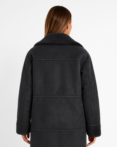 Manteau Femme Long Effet Peau Lainée – Col Large & Finitions Douces