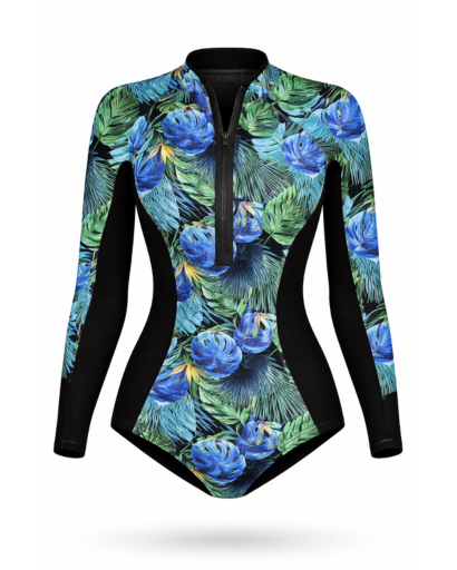 Maillot de bain une pièce manches longues zip frontal imprimé