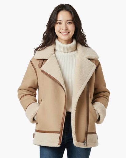 Veste bomber femme en suède ceinturée, vue de face