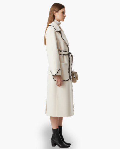 Manteau Long Écru Surpiqûres Contrastées – vue 2