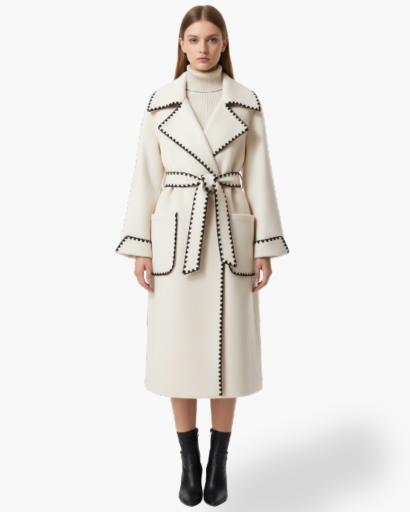Manteau Long Écru Surpiqûres Contrastées, vue de face