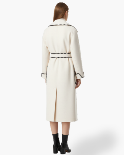 Manteau Long Écru Surpiqûres Contrastées – vue 3