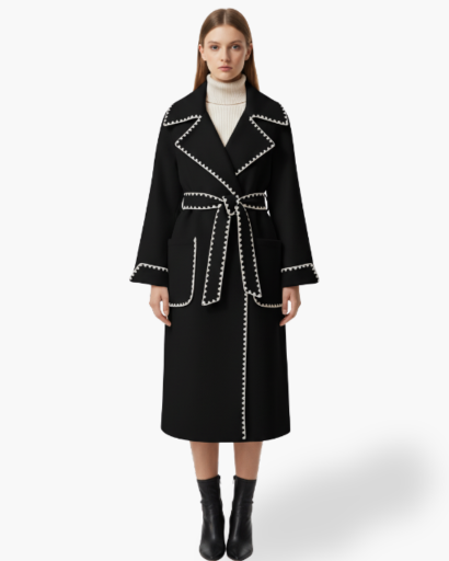 Manteau Long Écru Surpiqûres Contrastées – vue 6