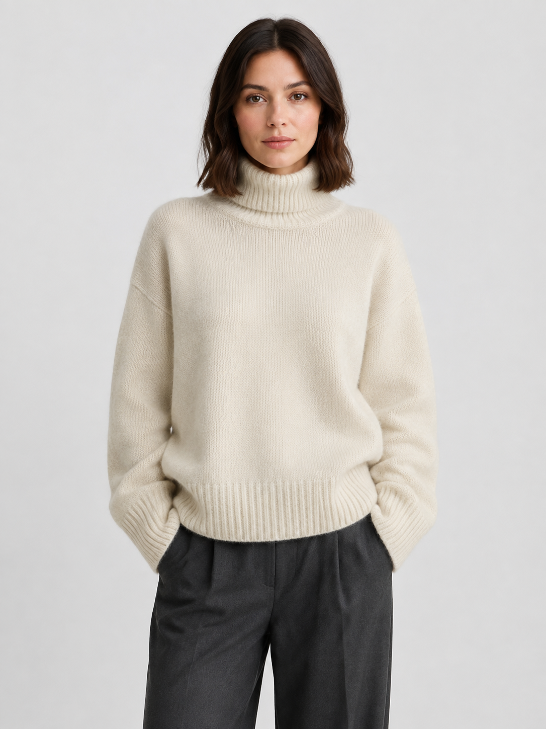 Pull oversize col roulé kaki, détail des poignets