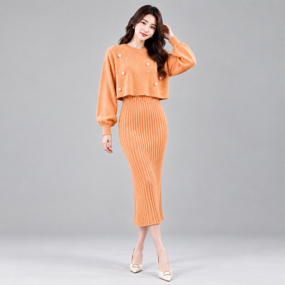 Ensemble robe pull tricot perlé abricot et jupe mi-longue côtelée assortie