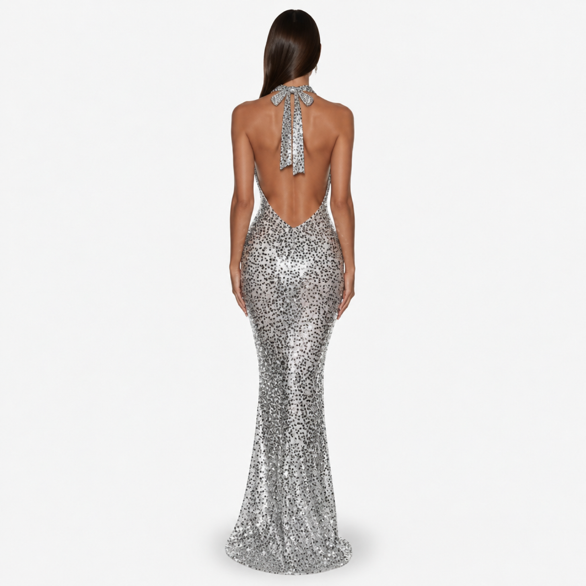 Robe longue halter dos nu col V, argent, vue de dos